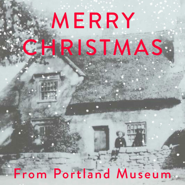 Portland Museum Christmas card featuring an image of Avice's Cottage with snow falling