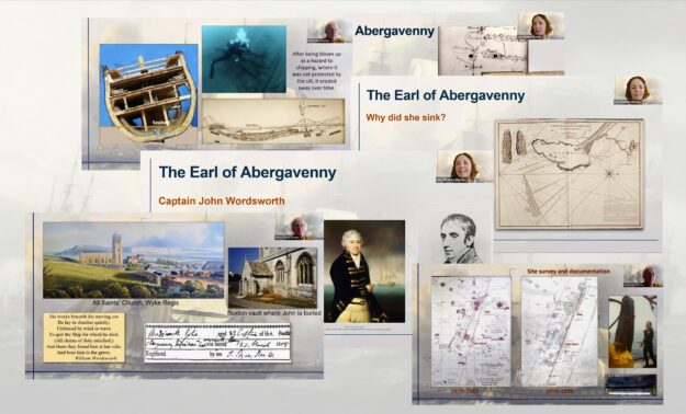 A collectiion of images taken from Portland Museum's Earl of Abergavenny webinar. The images show the speakers and the slides they showed.