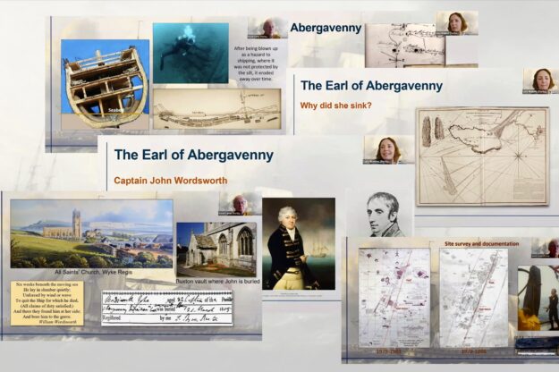 A collectiion of images taken from Portland Museum's Earl of Abergavenny webinar. The images show the speakers and the slides they showed.
